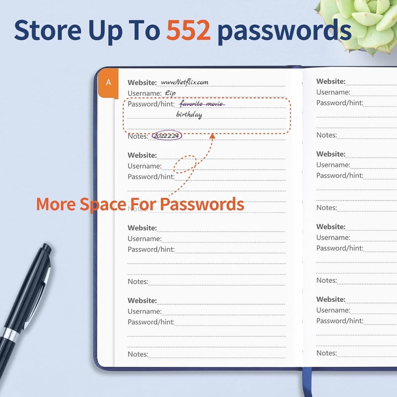 Blugool Password Book with Alphabetical Tabs, Password Keeper Book for Seniors, Hardcover Password Notebook for Individual & Colorful Tabs, Password Organizer for Website Logins, 5.3" x 7.7", Navy Blue - Image 3